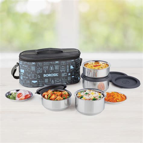 borosil hydra hot-n-fresh stainless steel lunch box set 4-pieces silver|Borosil Hot.